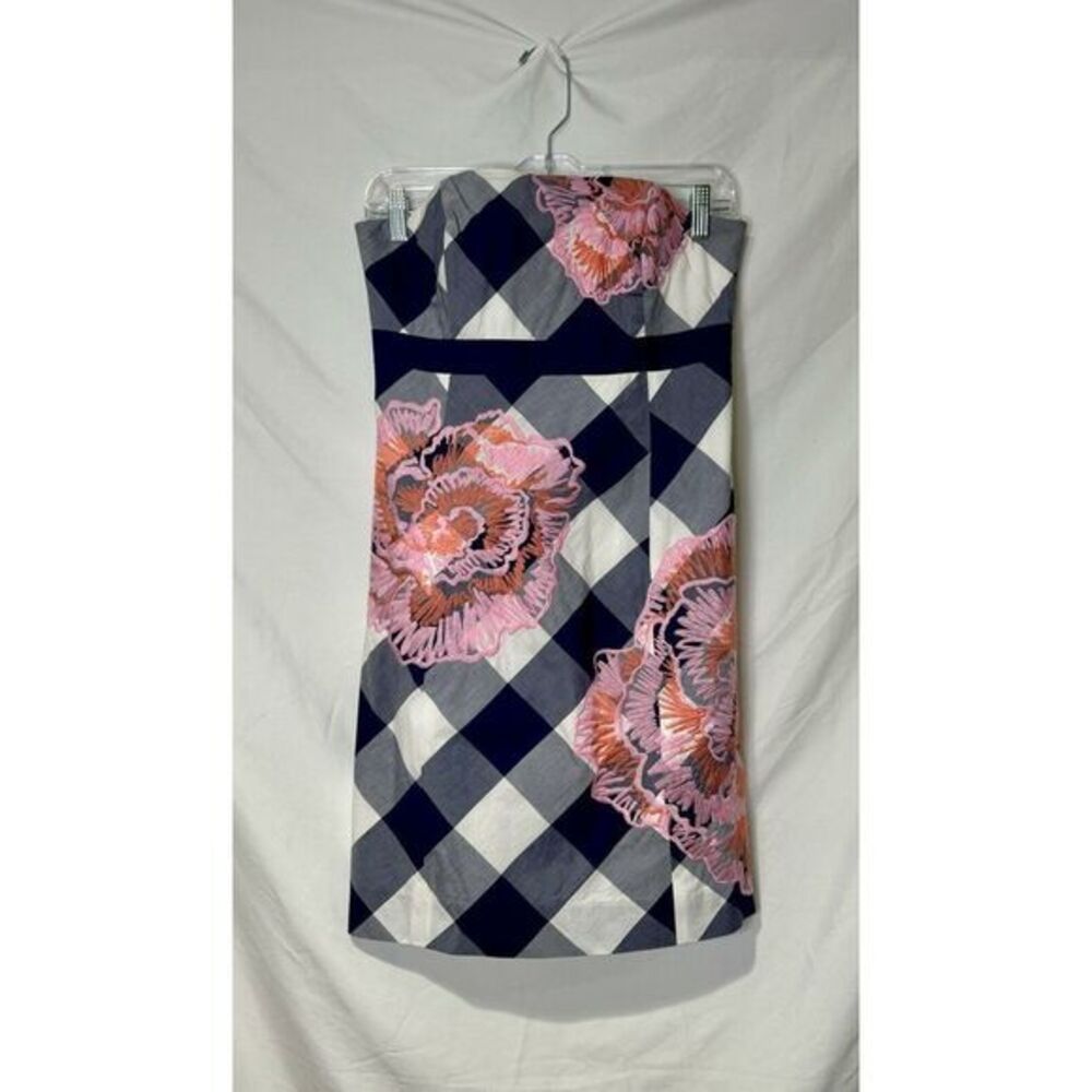 Lilly Pulitzer Strapless Dress Sz 4 Blue White Check Floral Embroidered